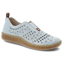 Półbuty damskie Rieker, cholewka ze skóry ekologicznej z ażurowym wzorem wsuwany fason z zabudowanym przodem, niebieskie, N2452-10. Niebieskie sukienki Rieker, w ażurowe wzory, ze skóry ekologicznej, bez kołnierzyka, bez ramiączek. Za 299.00 zł.