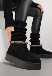 Czarne Śniegowce na Platformie z Haftem przy Cholewce Sewnera. Czarne trapery i śniegowce Renee, z dzianiny. Za 69.99 zł.