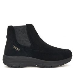 Sztyblety Skechers. Czarne botki Skechers, bez wzorów, bez obcasa, na płaskiej podeszwie, bez zapięcia. Za 449.99 zł.
