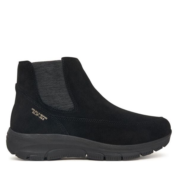 Sztyblety Skechers. Czarne botki Skechers, bez wzorów, bez obcasa, na płaskiej podeszwie, bez zapięcia. Za 449.99 zł.