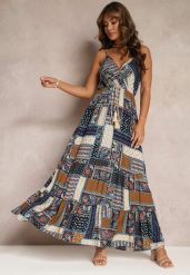 Granatowa Sukienka Grehan. Niebieskie sukienki Renee, l, z aplikacjami, boho, bez kołnierzyka, bez ramiączek, maxi, kopertowe. W wyprzedaży za 75.99 zł.