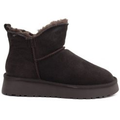 Skórzane botki damskie śniegowce na platformie brązowe Vinceza 97961. Brązowe botki Big Star, bez wzorów, z materiału, bez obcasa, na platformie, bez zapięcia. Za 149.99 zł.
