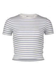 ONLY Koszulka w kolorze kremowo-niebieskim rozmiar: XS. Brązowe bluzki Only, xs, bez wzorów, prążkowane, bez kołnierzyka, bez ramiączek. Za 44.09 zł.