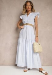 Jasnoniebieska Rozkloszowana Sukienka z Bawełny w Stylu Boho z Paskiem z Klamrą Iffarisa. Niebieskie sukienki Renee, na co dzień, na lato, l, bez wzorów, z bawełny, boho, bez kołnierzyka, bez ramiączek, maxi, rozkloszowane. Za 119.99 zł.