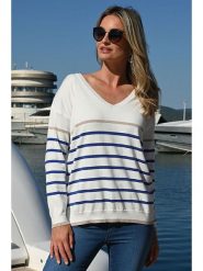 Bleu d'Azur Sweter "Saint Malo" w kolorze biało-niebieskim rozmiar: 44/46. Białe swetry Bleu d'Azur, w ażurowe wzory, bez ramiączek. Za 207.39 zł.
