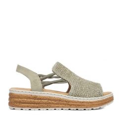 Sandały Rieker. Zielone sandały Rieker, bez wzorów, bez obcasa, na koturnie, bez zapięcia. Za 319.99 zł.