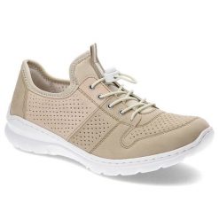 Beżowe Półbuty Rieker Wygodne Buty Damskie. Brązowe czółenka Rieker, bez wzorów, ze skóry ekologicznej, bez obcasa, na koturnie, bez zapięcia. Za 339.00 zł.