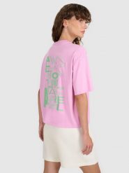 4F T-shirt oversize z nadrukiem damski - różowy XL. Czerwone koszulki sportowe 4f, bez wzorów, z bawełny, bez ramiączek. W wyprzedaży za 49.99 zł.