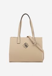 Ciemnobeżowa Torebka w Stylu Shopperki Ozdobione Metaliczną Aplikacją Honevia. Brązowe shopper Renee, z aplikacjami, z jeansu, bez dodatków. Za 79.99 zł.