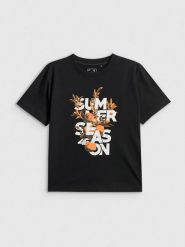 4F T-shirt boxy z nadrukiem damski - czarny S. Czarne t-shirty 4f, s, bez wzorów, z bawełny, bez kołnierzyka, bez ramiączek. Za 69.99 zł.