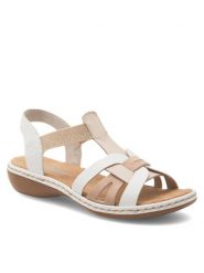 Rieker Sandały 65918-81 Biały. Białe sandały Rieker, bez wzorów, z materiału, bez obcasa, na płaskiej podeszwie, bez zapięcia. Za 229.99 zł.