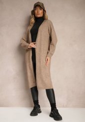 Beżowy Niezapinany Casualowy Kardigan z Wełną o Długim Kroju Zozita. Brązowe kardigany Renee, uniwersalny, bez wzorów, z jeansu. Za 64.99 zł.