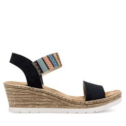 Sandały Rieker. Niebieskie sandały Rieker, bez wzorów, bez obcasa, na koturnie, bez zapięcia. Za 269.99 zł.