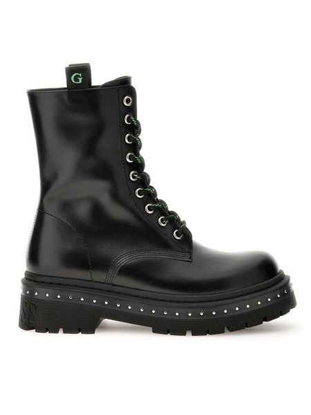 Guess Trzewiki Joya FL7JYA LEA10 Czarny. Czarne botki Guess, z aplikacjami, ze skóry, bez obcasa, na płaskiej podeszwie, bez zapięcia. Za 419.99 zł.