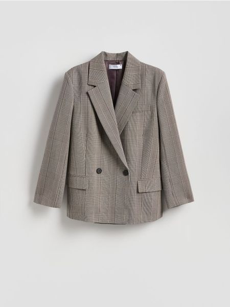 Dwurzędowa marynarka w kratę - wielobarwny. Marynarki i żakiety Reserved, l, bez wzorów, z tkaniny. Za 249.99 zł.