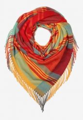 Czerwono-Żółty Szalik z Bawełny i Wiskozy Ozdobiony Klasyczną Kratą i Frędzlami Nerifla. Czerwone szaliki Born2be, na jesień, bez wzorów, z bawełny, eleganckie. Za 54.99 zł.