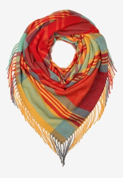 Czerwono-Żółty Szalik z Bawełny i Wiskozy Ozdobiony Klasyczną Kratą i Frędzlami Nerifla. Czerwone szaliki Born2be, na jesień, bez wzorów, z bawełny, eleganckie. Za 54.99 zł.