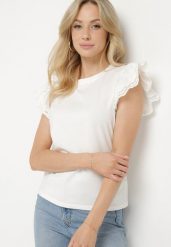 Biały Top z Bawełny Ozdobiony Ażurowymi Rękawami Nalathiel. Białe topy Born2be, m, w ażurowe wzory, z bawełny, bez kołnierzyka, bez ramiączek. W wyprzedaży za 33.99 zł.