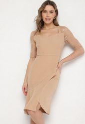 Beżowa Asymetryczna Sukienka Vices o Dopasowanym Kroju z Koronką Natifese. Brązowe sukienki Born2be, na co dzień, l, bez wzorów, z koronki, eleganckie, z asymetrycznym kołnierzem, bez ramiączek, midi, asymetryczne. Za 109.99 zł.
