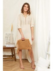 Rodier Lin Lniana sukienka w kolorze beżowym rozmiar: XL/XXL. Brązowe sukienki Rodier Lin, na co dzień, xl, bez wzorów, ze lnu, bez kołnierzyka, bez ramiączek, mini, proste. Za 153.95 zł.