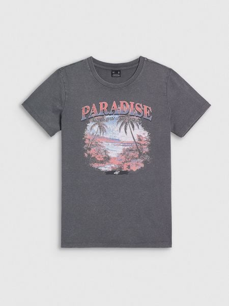 4F T-shirt regular z nadrukiem damski - szary XS. Szare t-shirty 4f, xs, bez wzorów, z bawełny, bez kołnierzyka, bez ramiączek. Za 69.99 zł.