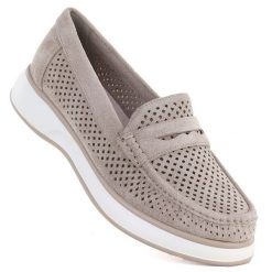 Półbuty damskie ażurowe lordsy szare Sergo Leone MK098H. Szare lordsy Sergio Leone, w ażurowe wzory, z materiału, bez obcasa, bez zapięcia. Za 119.99 zł.