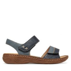 Sandały Rieker. Niebieskie sandały Rieker, bez wzorów, bez obcasa, na płaskiej podeszwie, bez zapięcia. Za 289.99 zł.
