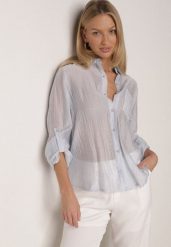 Niebieska Transparentna Koszula Ozdobiona Cyrkoniami Clymadia. Niebieskie koszule Born2be, l, bez wzorów, z jeansu, klasyczne, bez kołnierzyka, bez ramiączek. Za 79.99 zł.