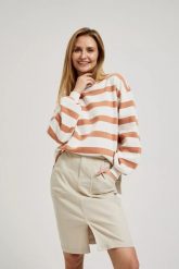 Bluza w paski z bufiastymi rękawami brązowa. Brązowe bluzy MOODO, l, bez wzorów, bez kaptura. W wyprzedaży za 53.99 zł.