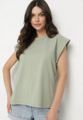 Zielony Bawełniany Top z Falbanką przy Ramionach Galantia. Zielone topy Born2be, s, bez wzorów, z bawełny, bez kołnierzyka, bez ramiączek. Za 59.99 zł.