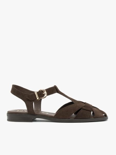 Brązowe sandały ze skóry welurowej. Brązowe sandały Ryłko, bez wzorów, ze skóry, eleganckie, bez obcasa, na płaskiej podeszwie, bez zapięcia. Za 399.99 zł.