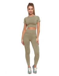 Beżowy Damskie Komplet Top + Legginsy Moraj. Brązowe legginsy Moraj, l, bez wzorów, z podwyższonym stanem, krótkie. Za 119.00 zł.