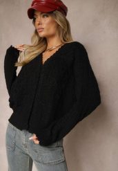 Czarny Kardigan w Stylu Oversize z Guzikami i Ozdobnymi Tłoczeniami Palabia. Czarne kardigany Renee, bez wzorów. Za 154.99 zł.