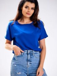 Bluzka Model A588 blue - awama. Niebieskie bluzki Awama, l, bez wzorów, z wiskozy, eleganckie, bez kołnierzyka, bez ramiączek. Za 173.72 zł.