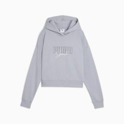 Bluza damska Puma ELEVATED GRAPHIC CROPPED TR szara 68950020 r XL. Szare bluzy sportowe Puma, l, z aplikacjami, z bawełny, z kapturem. Za 184.01 zł.