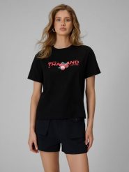 4F T-shirt loose z nadrukiem damski - czarny L. Czarne t-shirty 4f, l, bez wzorów, z bawełny, bez kołnierzyka, bez ramiączek. Za 69.99 zł.