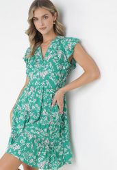 Zielona Sukienka Rozkloszowana z Falbankami Pillia. Zielone sukienki Born2be, na imprezę, m, bez wzorów, bez kołnierzyka, bez ramiączek, mini, kopertowe. Za 64.99 zł.
