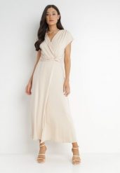 Jasnobeżowa Sukienka Kopertowa Chloriera. Brązowe sukienki Born2be, na imprezę, l, bez wzorów, z tkaniny, eleganckie, bez kołnierzyka, bez ramiączek, maxi, kopertowe. Za 139.99 zł.