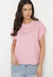 Różowy T-shirt z Bawełny Ozdobiony Rozcięciami przy Rękawach Katirna. Czerwone t-shirty Born2be, bez wzorów, z bawełny, bez kołnierzyka, bez ramiączek. Za 59.99 zł.