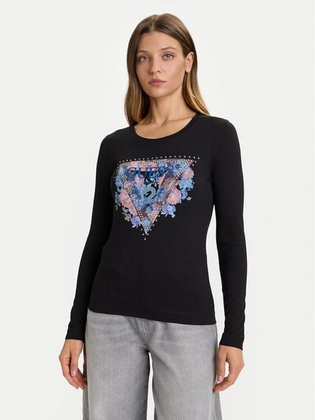 Guess Bluzka W5BI74 J1314 Czarny Slim Fit. Czarne bluzki Guess, s, z aplikacjami, z bawełny, bez kołnierzyka, bez ramiączek. Za 159.99 zł.