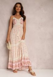 Różowa Sukienka Fjorrit. Czerwone sukienki Renee, na imprezę, l, bez wzorów, z koronki, boho, bez kołnierzyka, bez ramiączek, maxi, rozkloszowane. Za 84.99 zł.