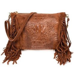 Listonoszka skórzana boho VERA PELLE Z24 koniakowa. Czarne torebki klasyczne bez wzorów, ze skóry, zamszowe, bez dodatków. Za 164.99 zł.