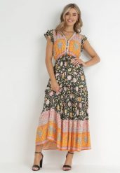 Czarno-Pomarańczowa Sukienka Maxi z Wiskozy w Stylu Boho Larres. Brązowe sukienki Born2be, na imprezę, l, z aplikacjami, z wiskozy, boho, bez kołnierzyka, bez ramiączek, maxi. Za 84.99 zł.