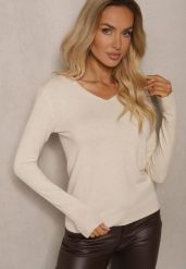 Jasnobeżowy Sweter z Bawełną i Trójkątnym Dekoltem Eulinevia. Brązowe swetry Renee, uniwersalny, z aplikacjami, z bawełny, bez ramiączek. Za 29.99 zł.