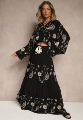 Czarny Wiskozowy Komplet Boho z Koszulą o Nietoperzowym Kroju i Spódnicą Separia. Czarne koszule Renee, l, z aplikacjami, z materiału, boho, bez kołnierzyka, bez ramiączek. Za 179.99 zł.