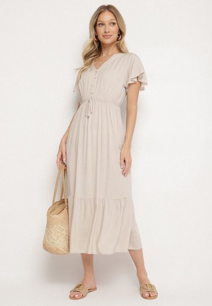Beżowa Bawełniana Sukienka o Rozkloszowanym Kroju z Wiązaniem w Talii Folarina. Brązowe sukienki Born2be, na co dzień, na lato, l, bez wzorów, z bawełny, eleganckie, bez kołnierzyka, bez ramiączek, mini, rozkloszowane. Za 49.99 zł.