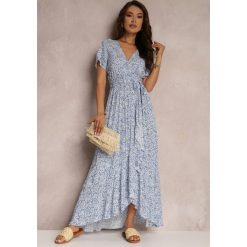 Niebieska Rozkloszowana Sukienka z Wiązanym Paskiem i Ozdobną Falbanką Holm. Niebieskie sukienki Renee, na co dzień, na lato, l, bez wzorów, eleganckie, bez kołnierzyka, bez ramiączek, rozkloszowane. Za 74.99 zł.