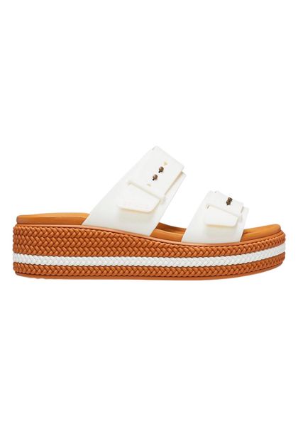 Sandały dla Kobiet Crocs Brooklyn Woven Buckle. Białe sandały Crocs, bez wzorów, z materiału, eleganckie, bez obcasa, na platformie, bez zapięcia. Za 239.99 zł.