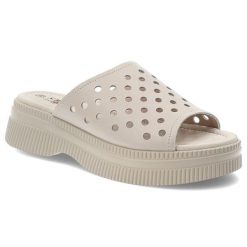 Klapki damskie S. Barski, na grubej podeszwie z miękkimi wkładkami dziurowane, beżowe, LR51-537. Brązowe klapki S.BARSKI, bez wzorów, bez obcasa. Za 149.00 zł.