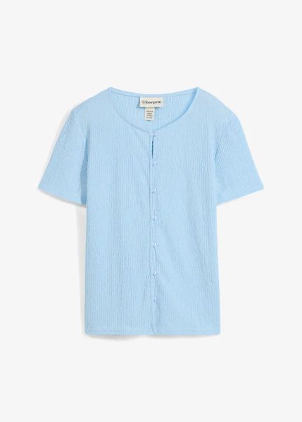 Bluzka w strukturalny wzór z plisą guzikową. Niebieskie bluzki bonprix, bez wzorów, bez kołnierzyka, bez ramiączek. Za 32.99 zł.